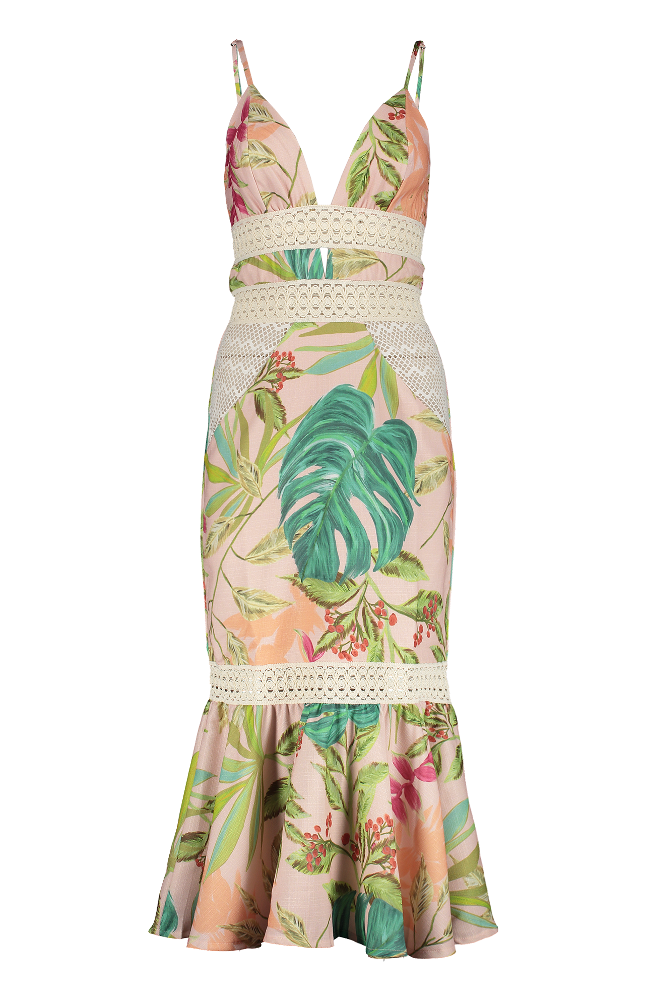 PatBo Tropicalia Fitted Midi Dress Harbour Pink Front Mannequin Image (7012405837939)