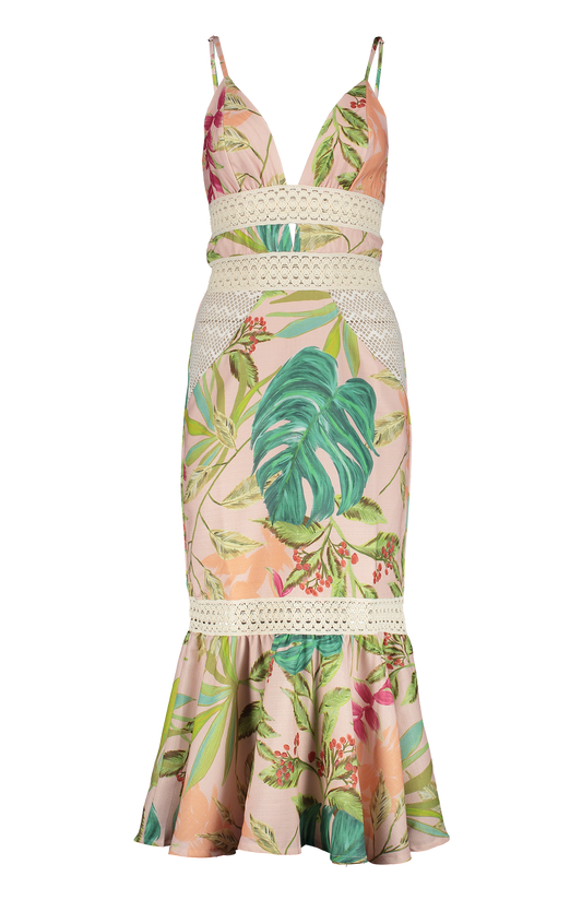 PatBo Tropicalia Fitted Midi Dress Harbour Pink Front Mannequin Image (7012405837939)