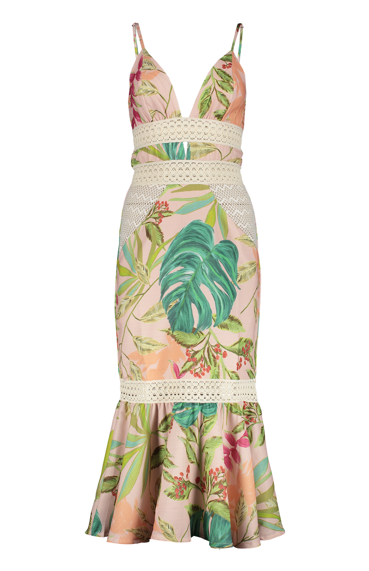PatBo Tropicalia Fitted Midi Dress Harbour Pink Front Mannequin Image (7012405837939)