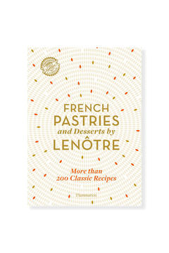 The French Pastries and Desserts book by FLAMMARION has a cover with gold and orange dotted patterns radiating from the center, and the title in bold gold and orange text—a stunning desserts cookbook.