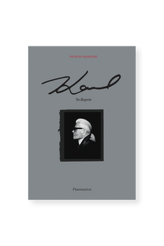 A gray book cover shows a black-and-white profile photo of white-haired Patrick Hourcade in dark glasses, with his large cursive signature, the title “Karl: No Regrets,” and the PENGUIN RANDOM HOUSE brand at the bottom.
