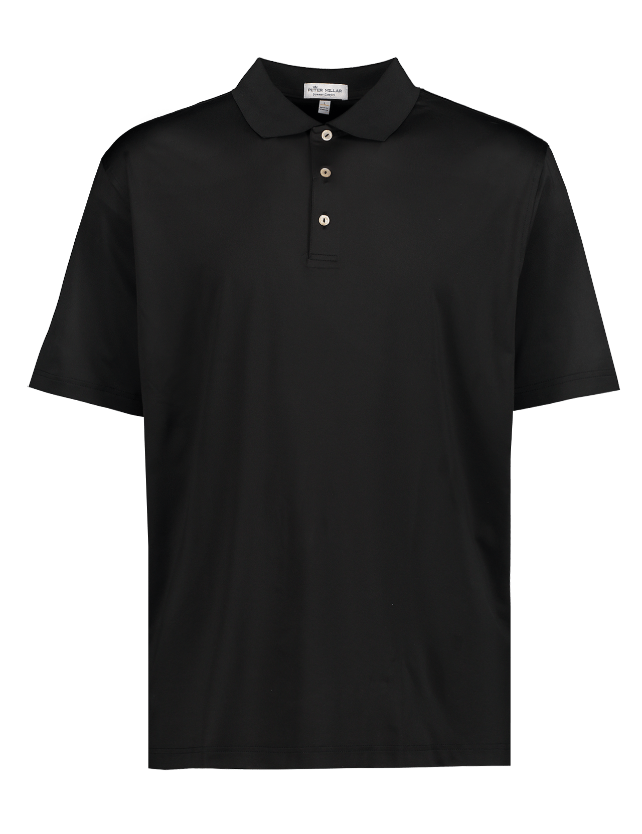 The PETER MILLAR Solid Performance Jersey Polo is a plain black collared shirt with three buttons, made from moisture-wicking jersey, shown on a white background.