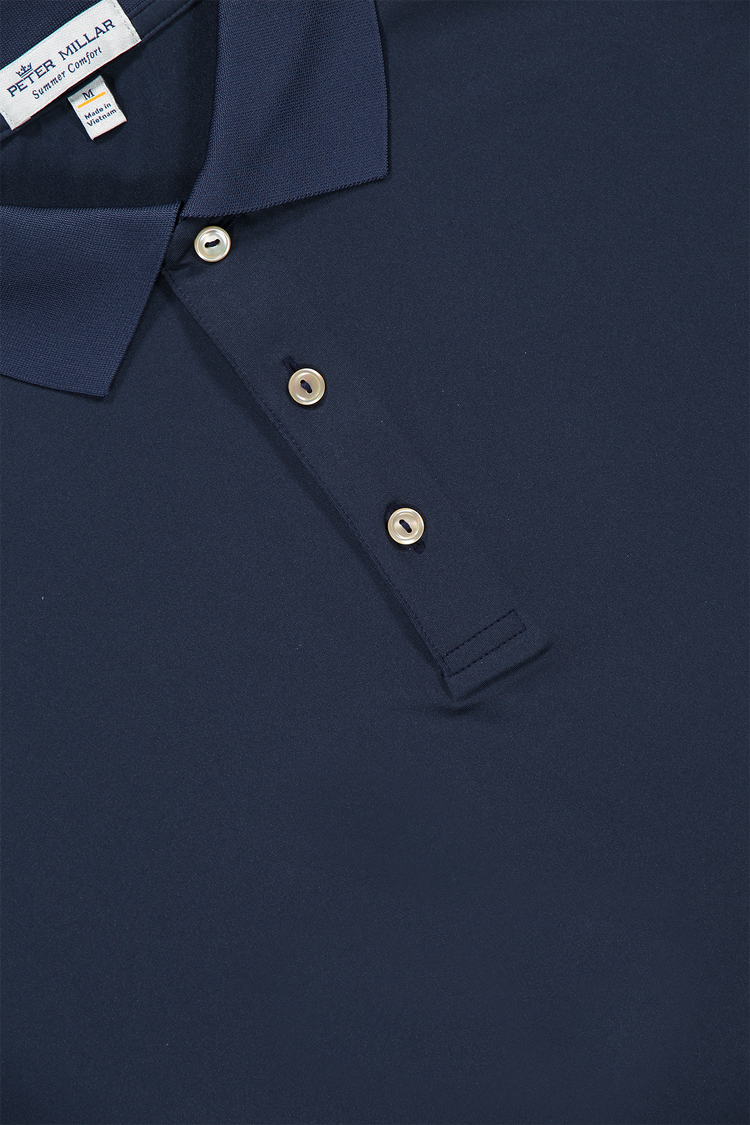 Peter Millar Solid Performance Jersey Polo in Navy - Collar Detail Image  (6606330462323)