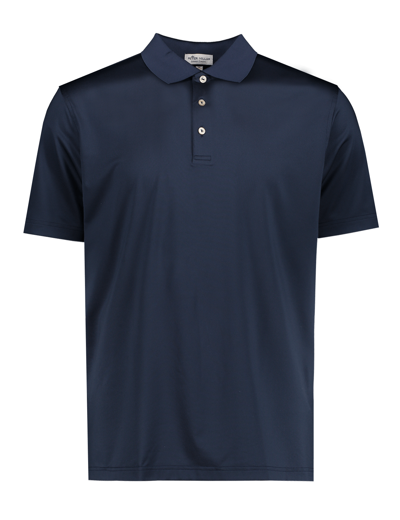 The PETER MILLAR Solid Performance Jersey Polo is a navy, short-sleeved polo with a collar and three white buttons, made from moisture-wicking fabric offering UPF 50+ sun protection, shown against a white background.