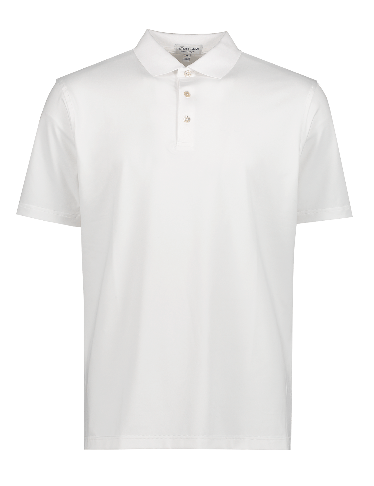 The PETER MILLAR Solid Performance Jersey Polo is a plain white, short-sleeve polo with a collar and three-button front, crafted from moisture-wicking jersey and shown on a white background.