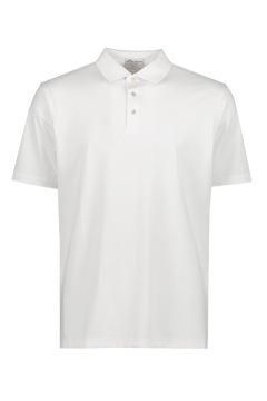 The PETER MILLAR Solid Performance Jersey Polo is a plain white, short-sleeve polo with a collar and three-button front, crafted from moisture-wicking jersey and shown on a white background.