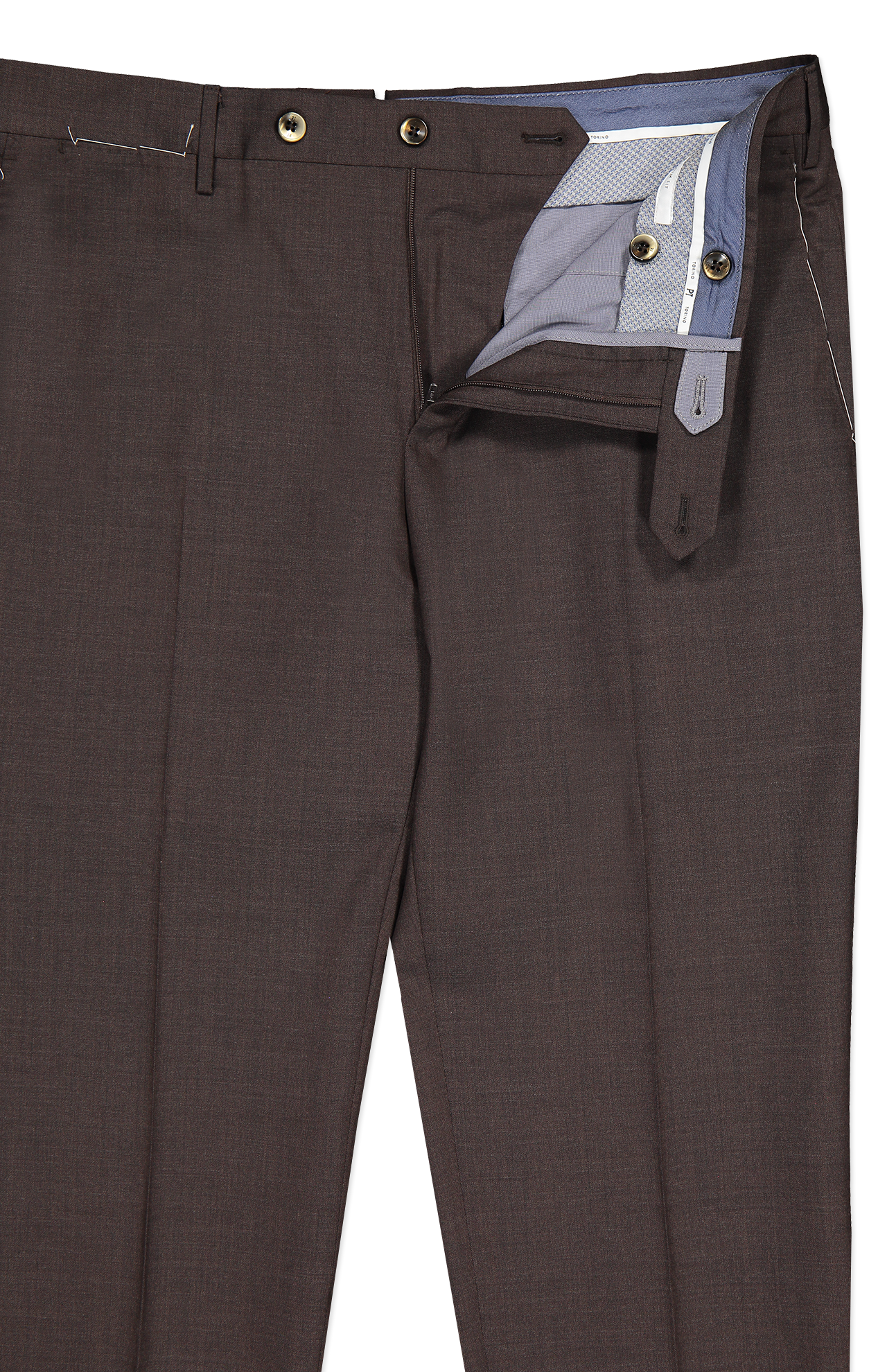 PT Torino Wool Plain Weave Trouser in Brown Melange Front Fly Detail Image (7062204448883)