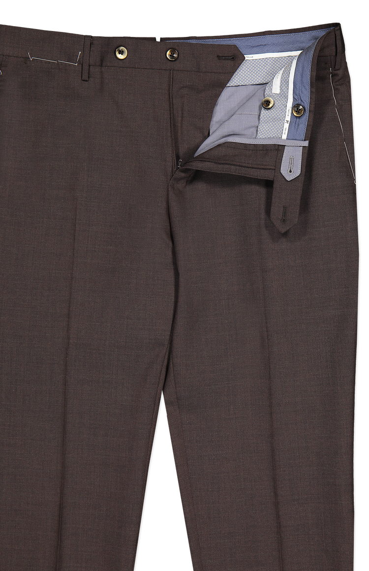 PT Torino Wool Plain Weave Trouser in Brown Melange Front Fly Detail Image (7062204448883)