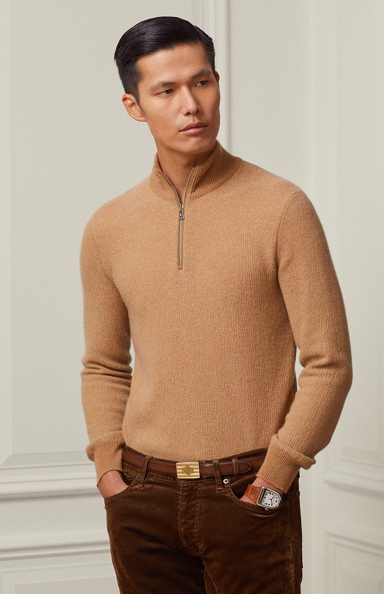 Ralph Lauren Cashmere Birdseye Sweater Brown Front Model Image (7041232535667)