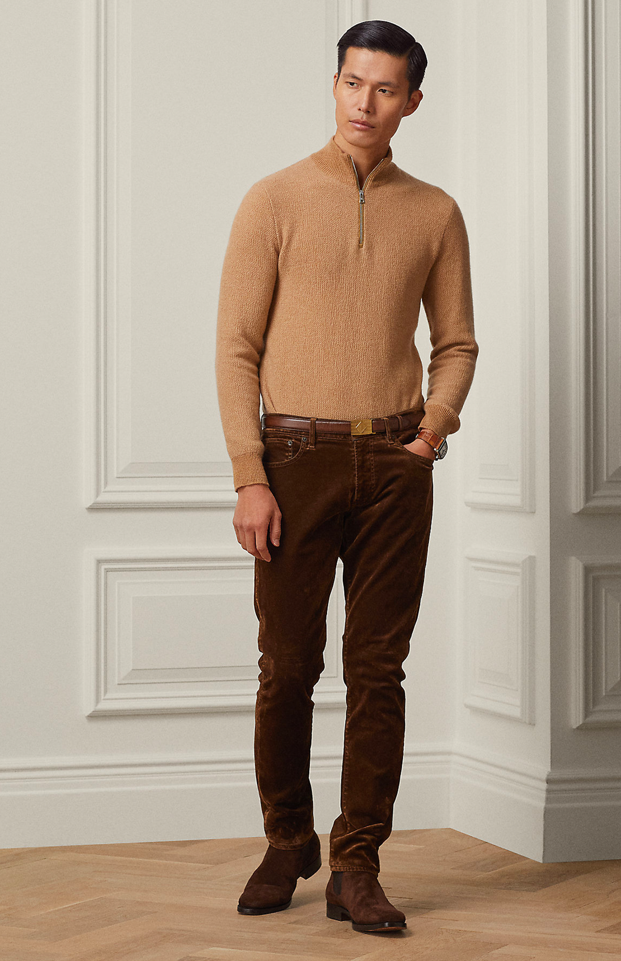 Ralph Lauren Cashmere Birdseye Sweater Brown Full Body Front Model Image (7041232535667)