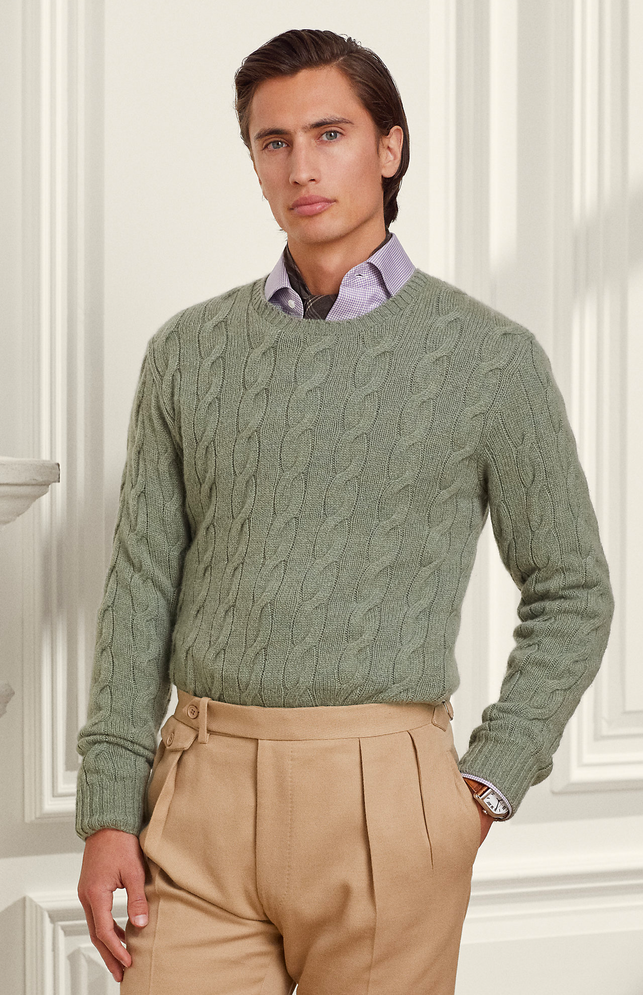 Ralph Lauren Cashmere Cable Crew Neck Sea Spray Front Model Image (7041232371827)