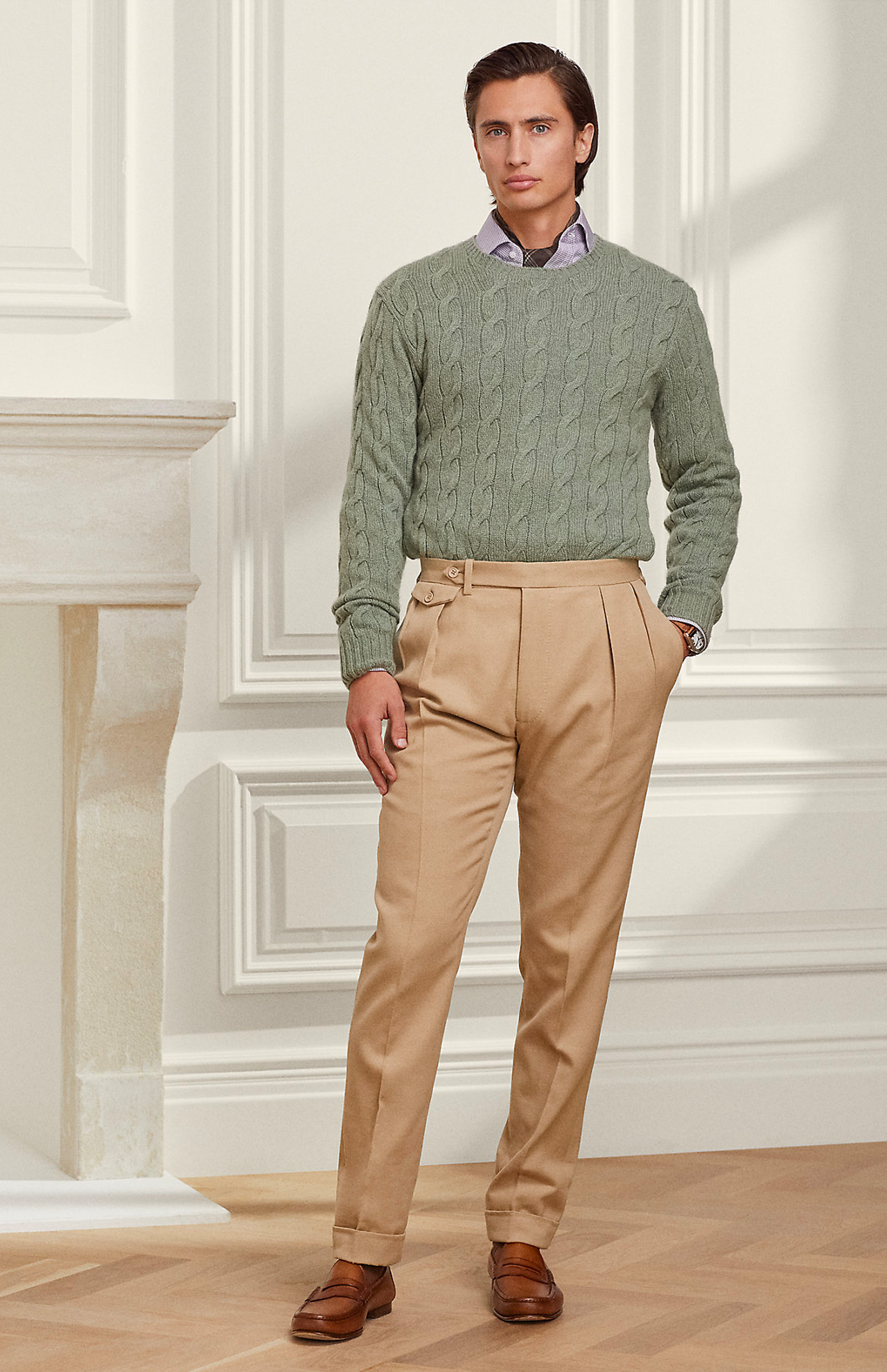 Ralph Lauren Cashmere Cable Crew Neck Sea Spray Full Body Model Image (7041232371827)