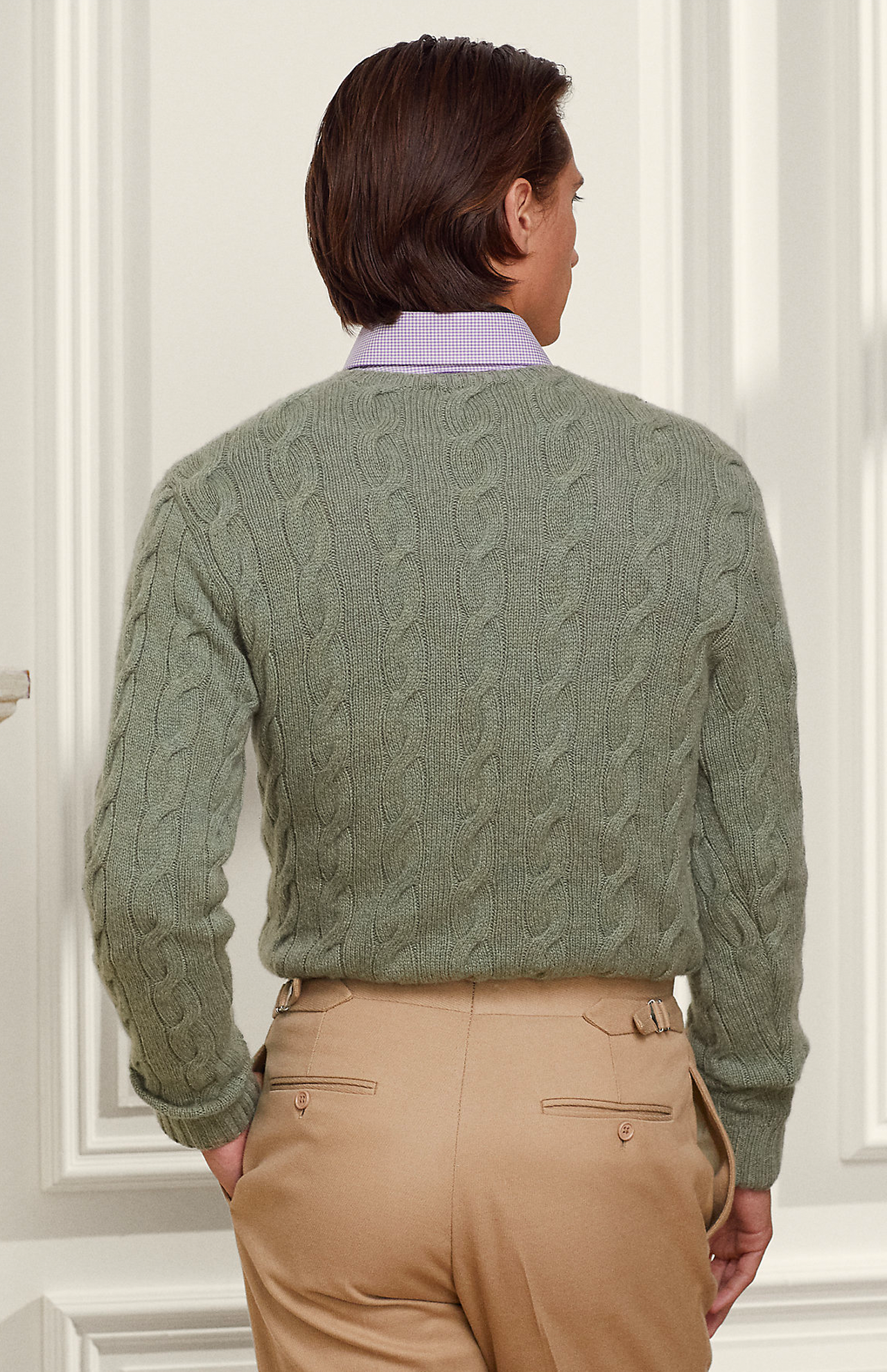 Ralph Lauren Cashmere Cable Crew Neck Sea Spray Back Model Image (7041232371827)