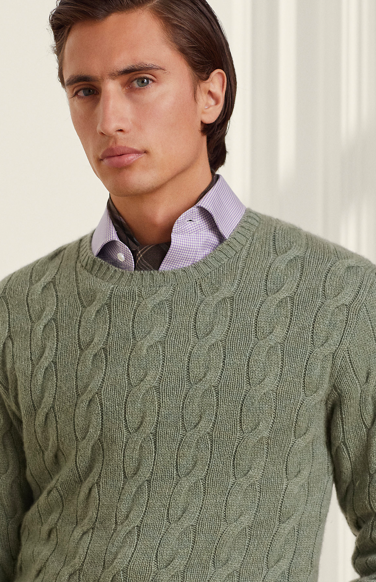Ralph Lauren Cashmere Cable Crew Neck Sea Spray Front Model Image 2 (7041232371827)