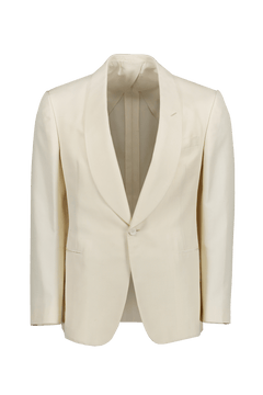 The Silk Shawl Lapel Jacket by RALPH LAUREN PURPLE LABEL is cream-colored with a single button, shawl lapel, and two front pockets, shown on a plain white background.