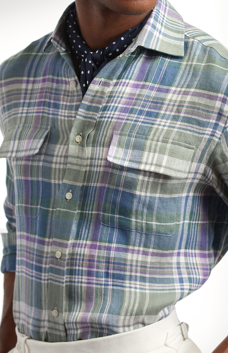 Ralph Lauren Sueded Linen Shirt Multicolor Close Up Model Image (6865391386739)