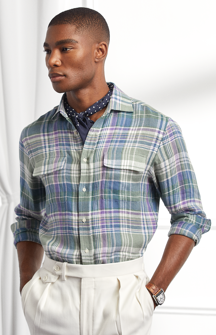 Ralph Lauren Sueded Linen Shirt Multicolor Front Model Image (6865391386739)