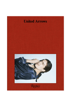 A red book cover titled "United Arrows" by RIZZOLI features a smiling woman in a navy outfit leaning on her hand, with the publisher's name at the bottom, showcasing Japanese fashion.