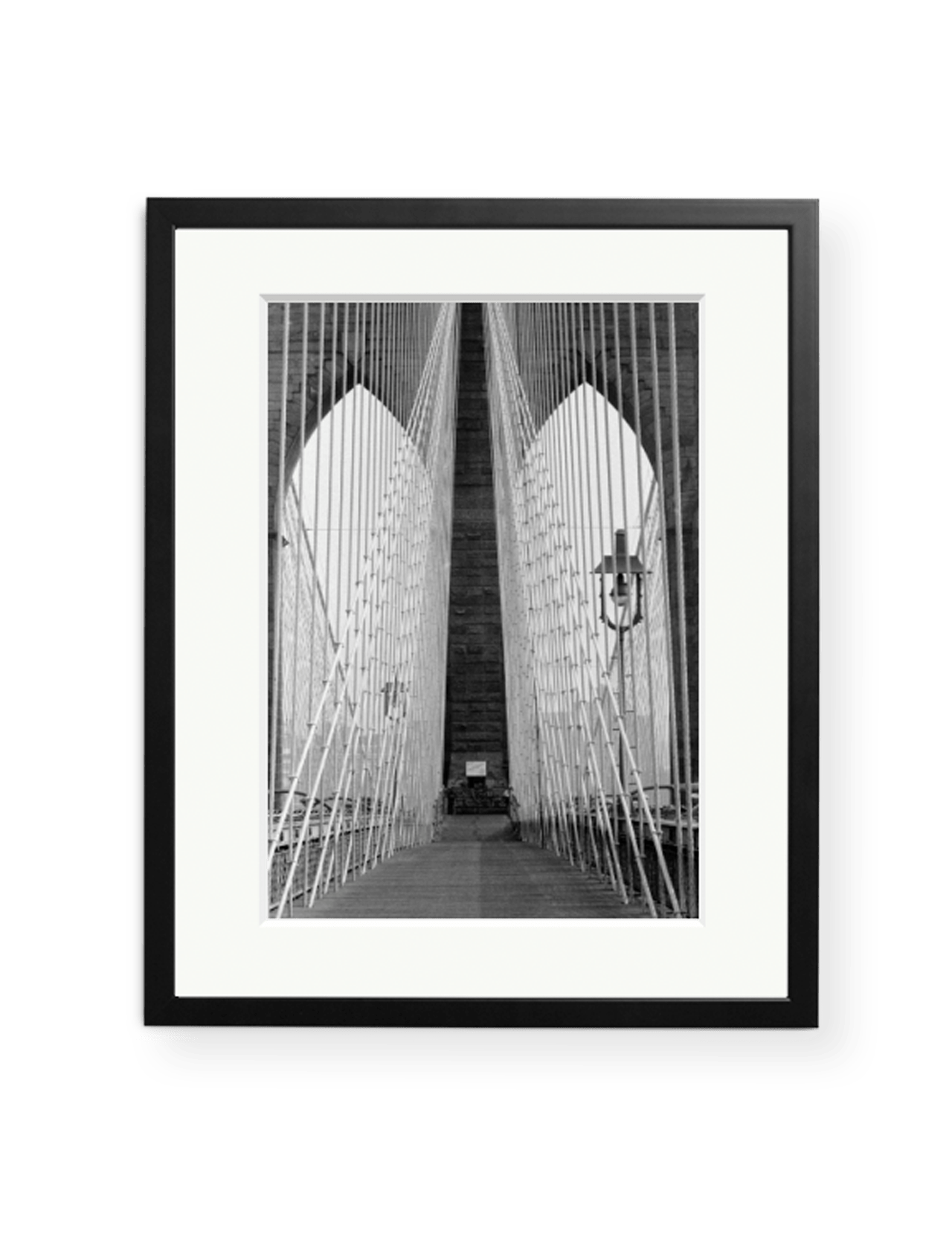 The "Brooklyn Bridge Walkway" by SONIC EDITIONS is a black and white photo of the iconic bridge, featuring cables and arches, offered as limited edition framed wall art in a sleek black frame with a white mat.