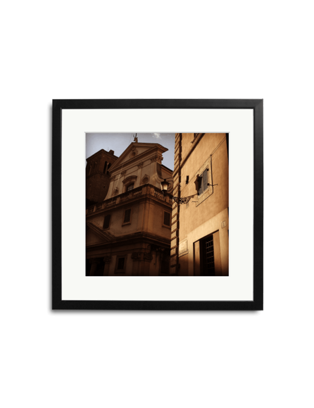 The "Rome, August 2015" limited edition framed wall art by SONIC EDITIONS features a sunlit photo of European-style buildings with balconies and hanging laundry, set against a clear sky and displayed on a white wall.