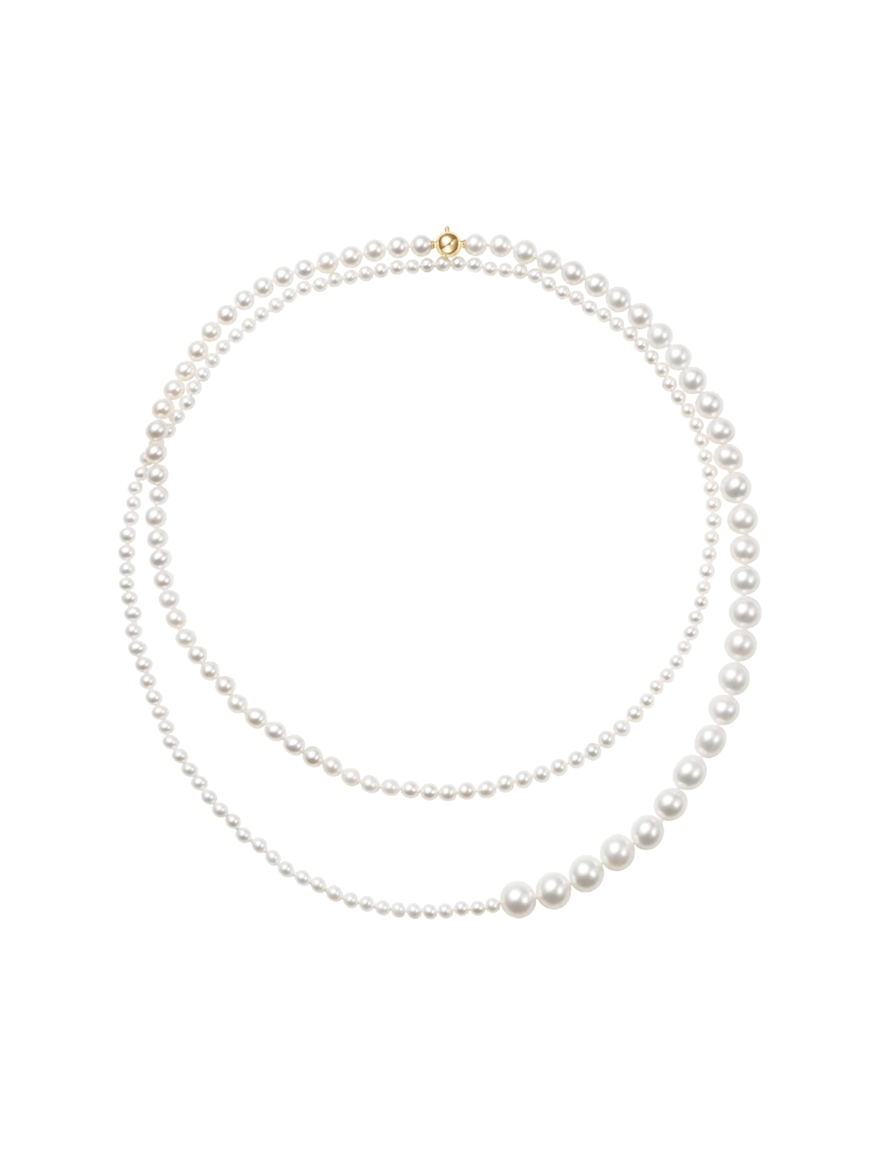 The Grand Peggy Necklace by SOPHIE BILLE BRAHE showcases double strands of freshwater pearls in varying sizes with a gold clasp, arranged symmetrically—an elegant choice for bridal jewelry, shown on a white background.