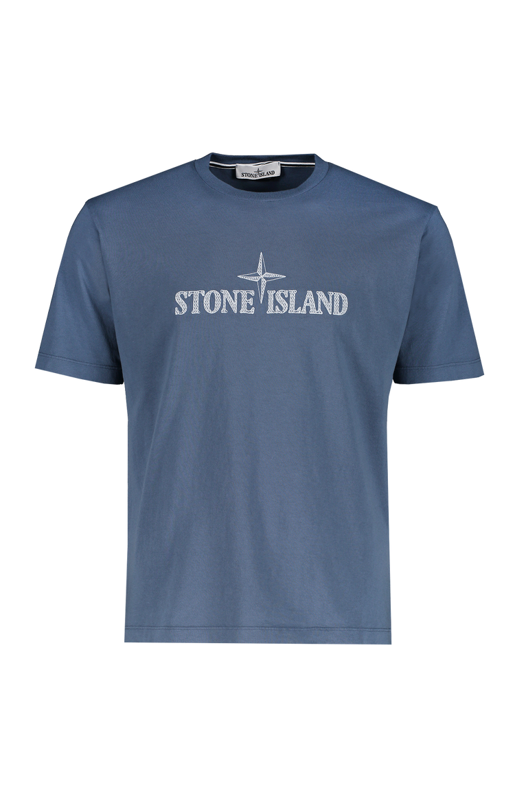 Stone Island Name Logo Tshirt Dark Blue Front Mannequin Image (7055702753395)