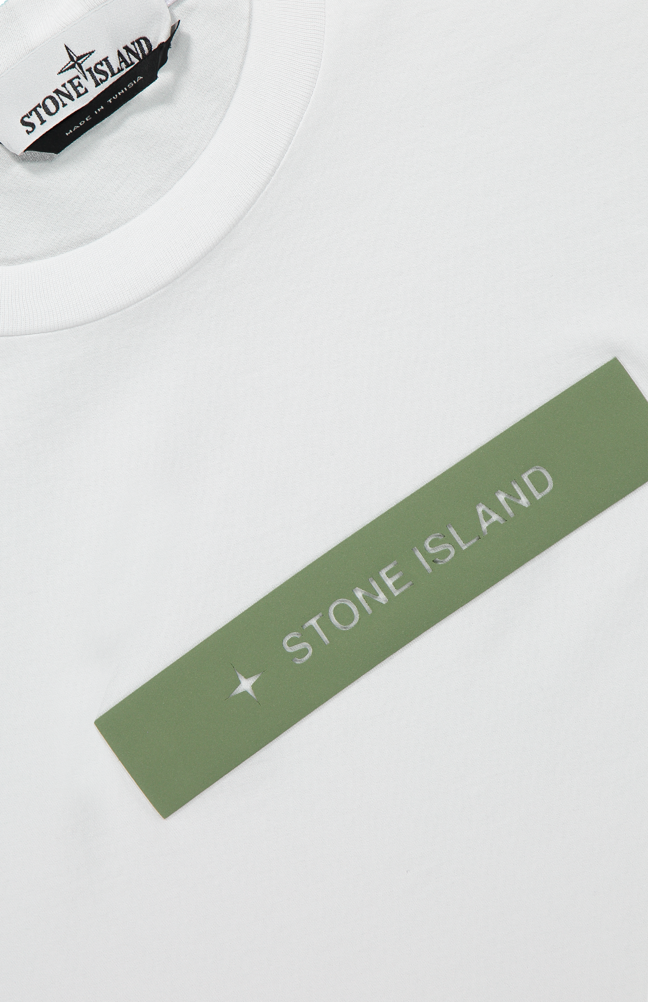 Stone Island Rectangle Front T-Shirt in White, Collar Detail Image (7055698526323)