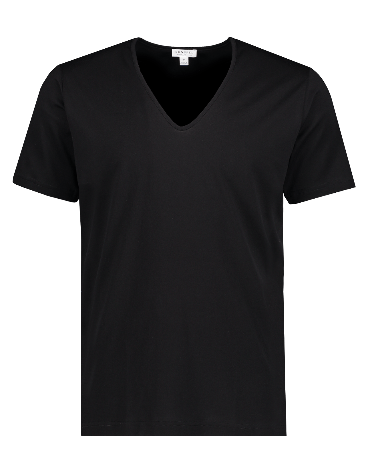 The SUNSPEL Short Sleeve V-Neck Tee, crafted from black cotton jersey, is displayed against a white background.