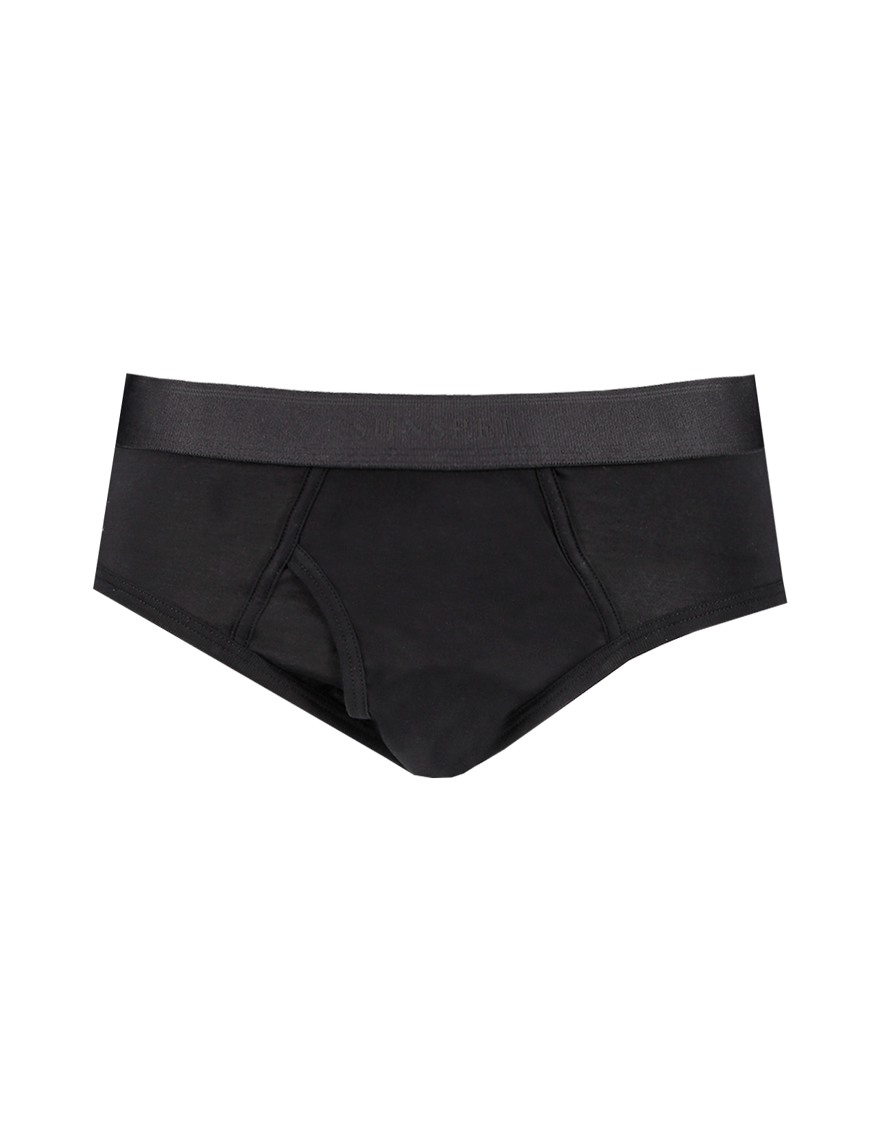 The SUNSPEL Superfine Brief is a pair of black cotton briefs with a wide elastic waistband, crafted in Portugal and shown on a plain white background.