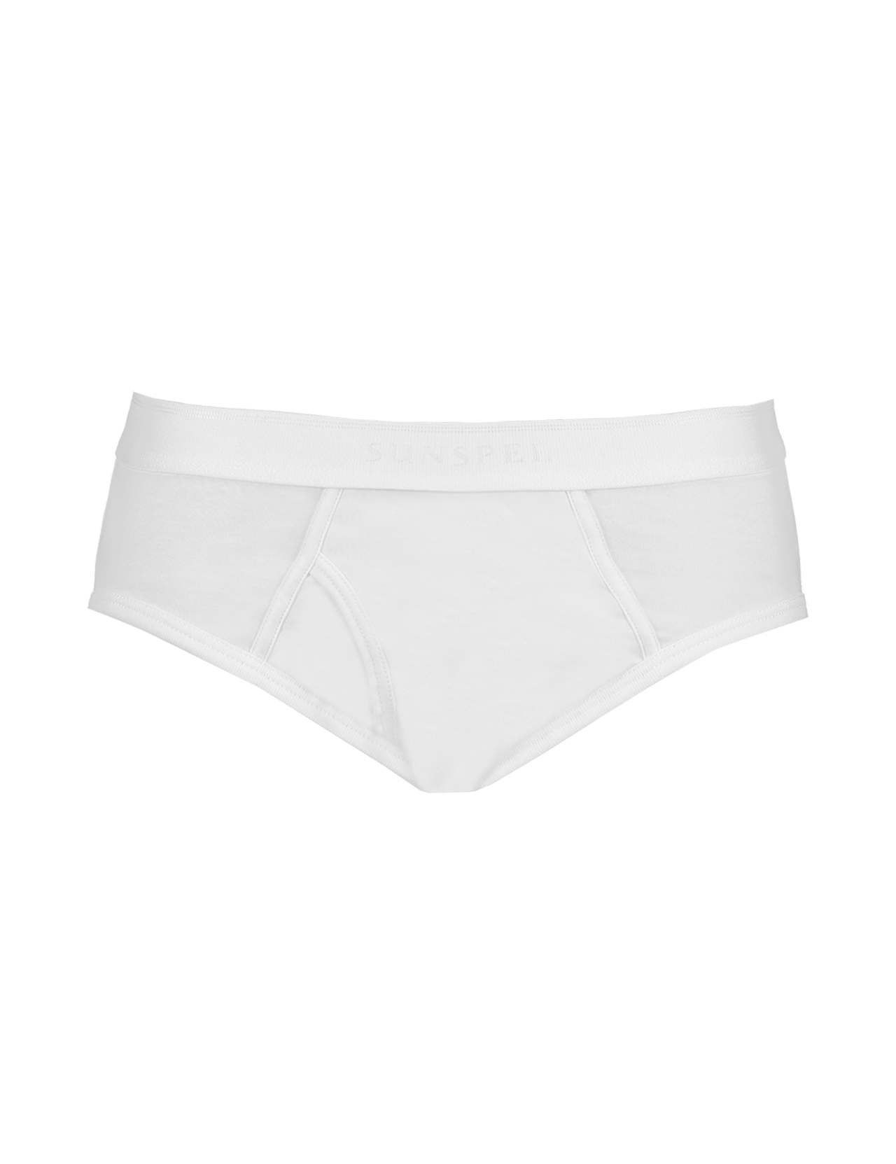 The SUNSPEL Superfine Brief is a men's white cotton underwear with an elastic waistband, visible stitching, and supportive front pouch. Made in Portugal, it features a simple, classic design.