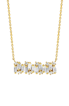 The Audrey White Diamond Shimmer Bar Pendant by SUZANNE KALAN features alternating baguette and round white diamonds in a horizontal yellow gold bar design.