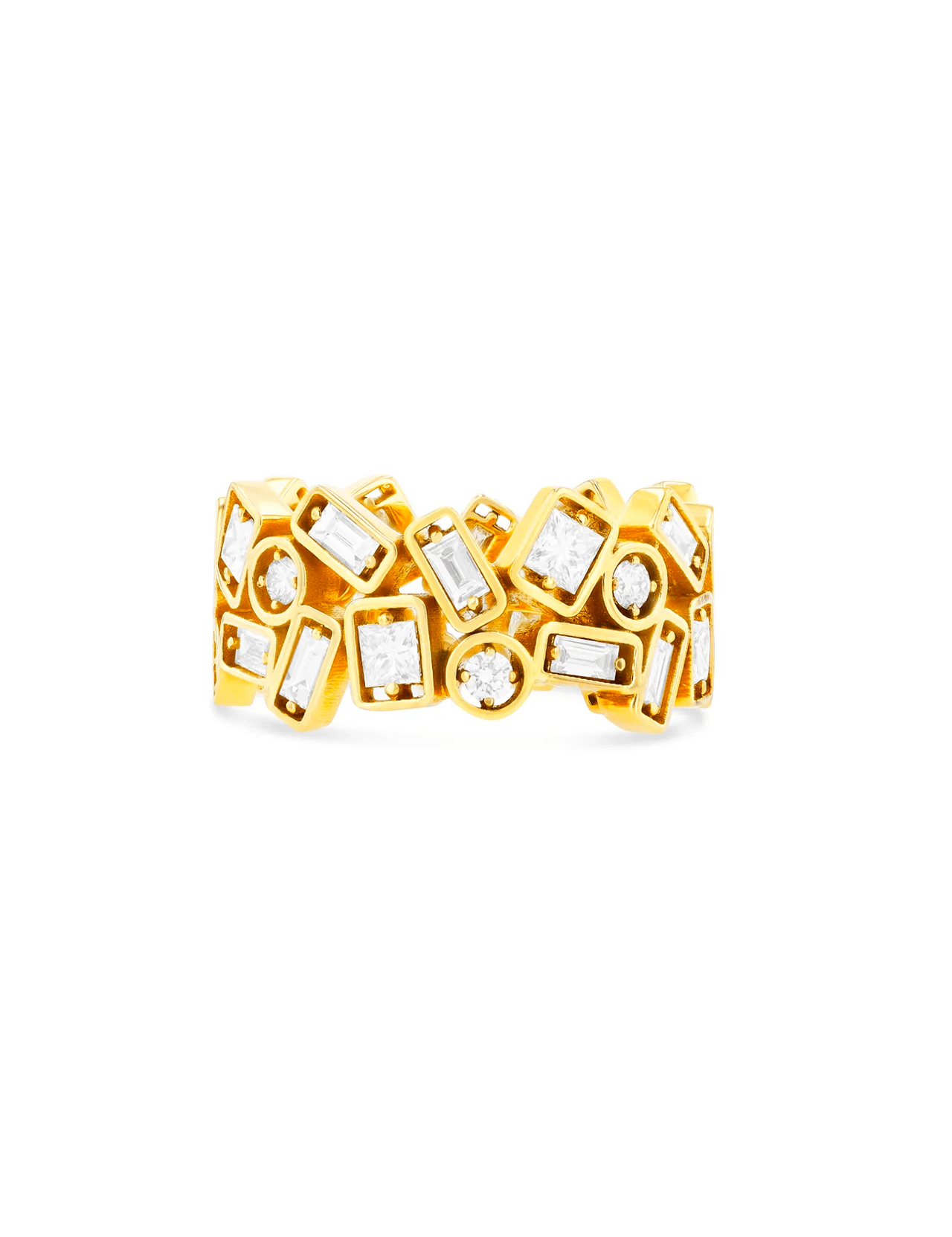 The Mosaic White Diamond Eternity Band by SUZANNE KALAN features baguette and round white diamonds set in a textured, chunky 18K yellow gold design with an irregular pattern.