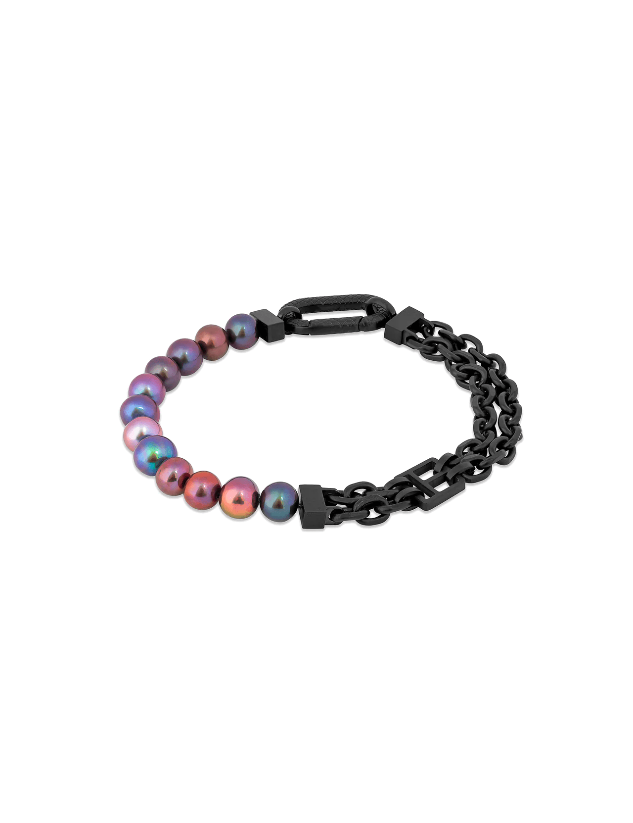 The TATEOSSIAN Catana Isaac Bracelet features iridescent purple and green beads on one side and black metal chains with a rectangular clasp on the other.