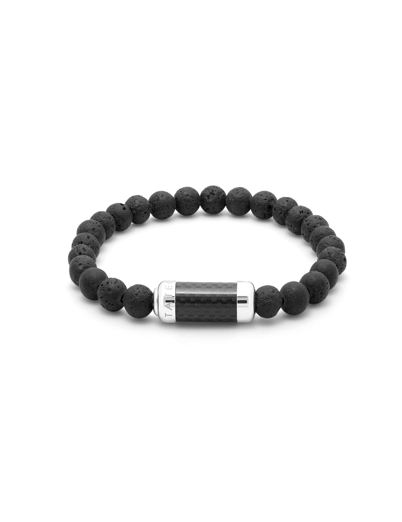 The TATEOSSIAN Montecarlo Bracelet features round black lava beads and a sleek silver and black carbon fiber cylindrical clasp, displayed against a white background.
