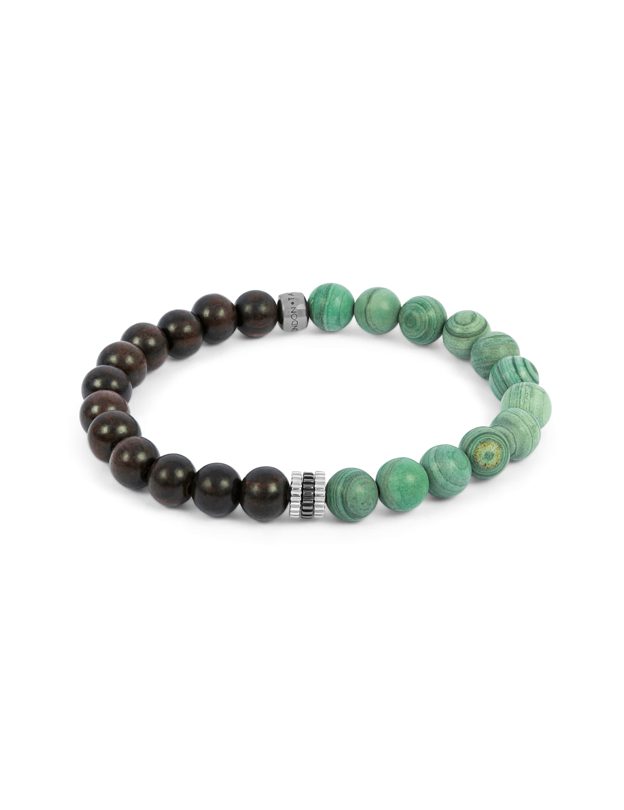 The TATEOSSIAN Nature Bracelet showcases alternating dark brown ebony wood and green marbled jasper beads, accented with rhodium plated silver spacers, arranged in a circular design.