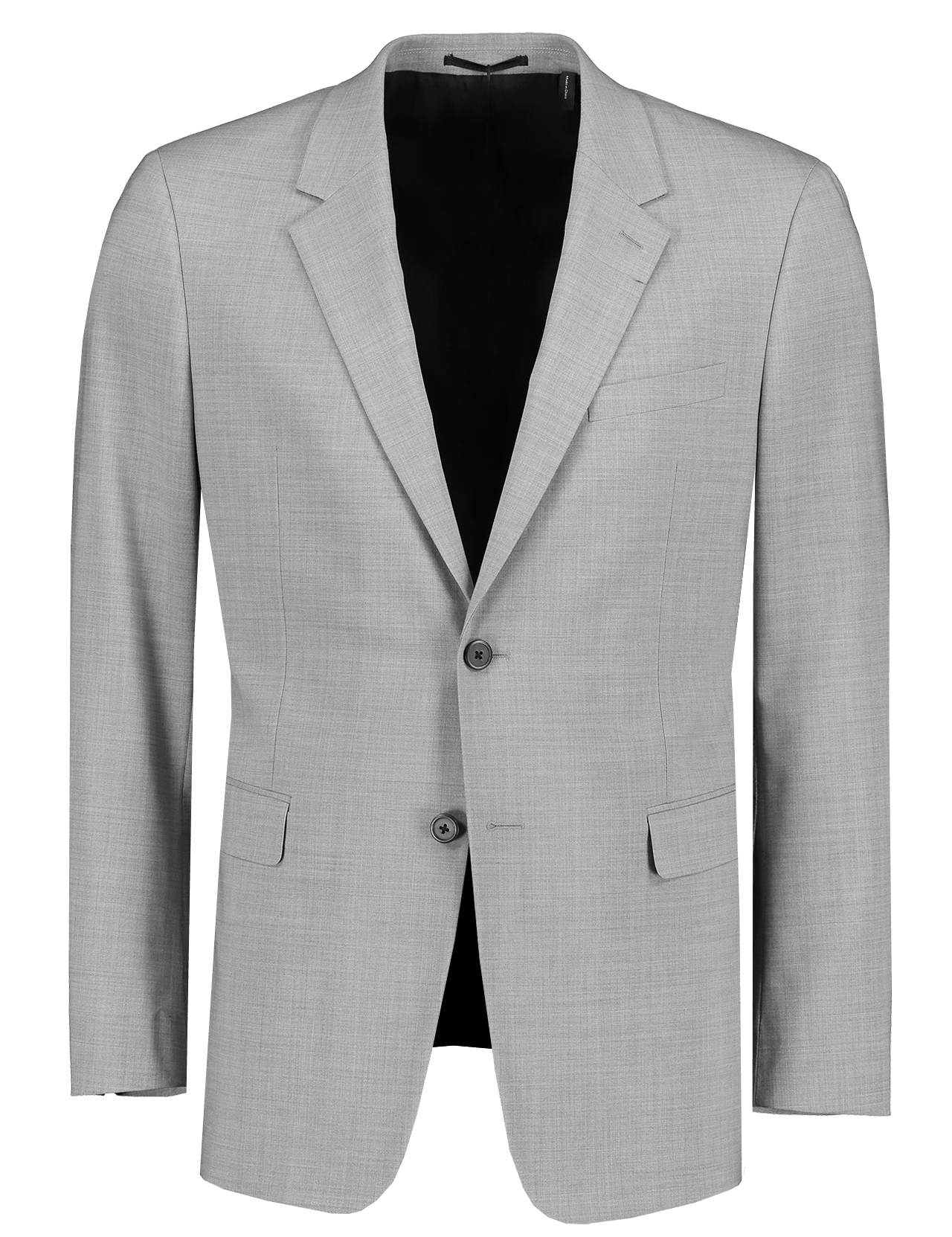 The THEORY Chambers New Tailor Suit Jacket for men in light gray, made from wrinkle-resistant stretch wool, features notch lapels, two buttons, front flap pockets, and a chest pocket. Shown on a plain white background.