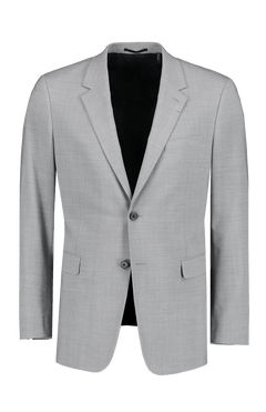 The THEORY Chambers New Tailor Suit Jacket for men in light gray, made from wrinkle-resistant stretch wool, features notch lapels, two buttons, front flap pockets, and a chest pocket. Shown on a plain white background.