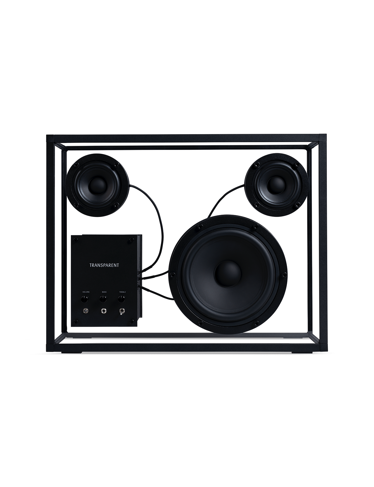 The TRANSPARENT Transparent Speaker features a rectangular wall-mountable design with a black aluminum uniframe, three circular black speaker cones, an exposed control panel, and visible internal components and wiring.