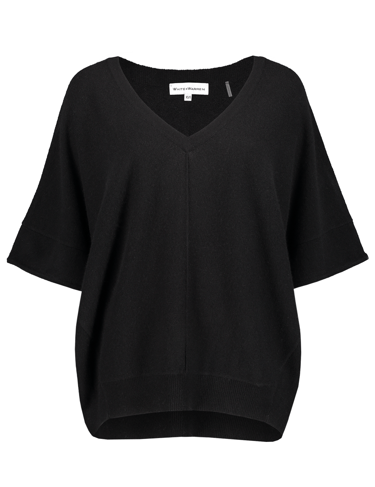 The WHITE + WARREN V-Neck Pop Over is a relaxed fit, loose black sweater with short sleeves, a V-neck, and ribbed hem—ideal travel wear shown on a plain white background.