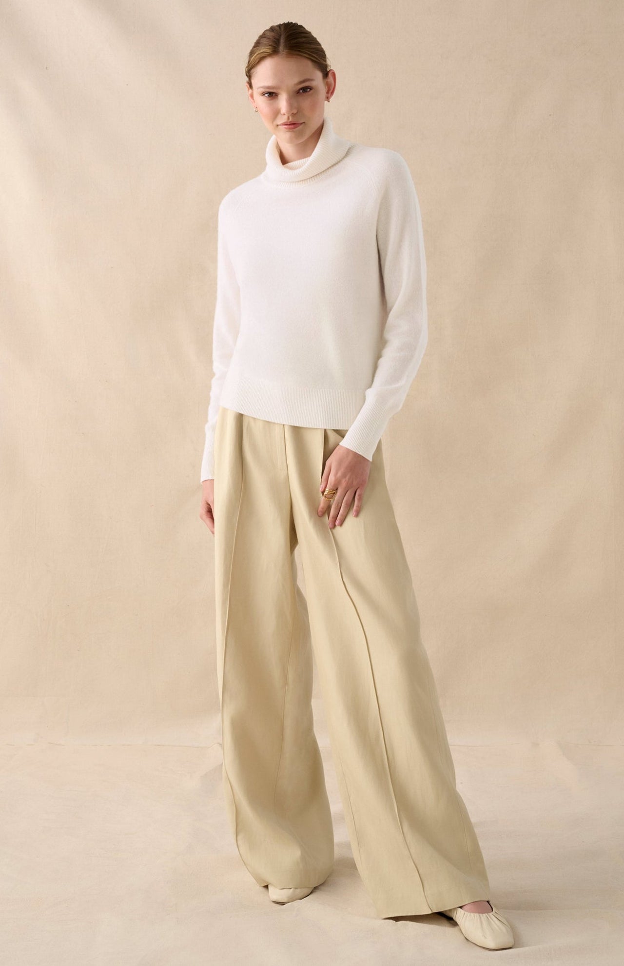 White And Warren Cashmere Essential Turtleneck Sweater Soft White Front Full Body Model Image (6977567096947)