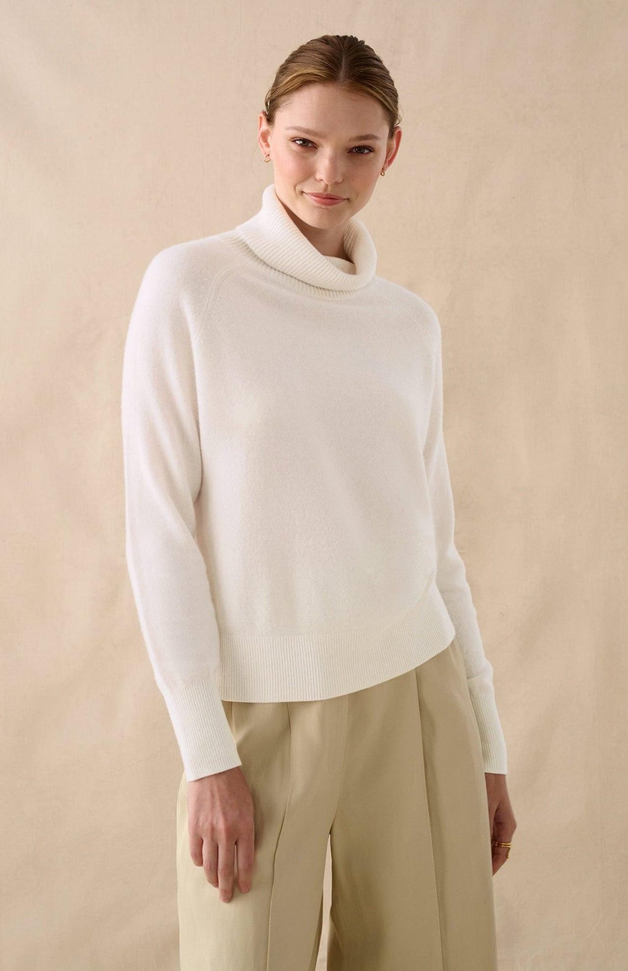 White And Warren Cashmere Essential Turtleneck Sweater Soft White Front Model Image (6977567096947)