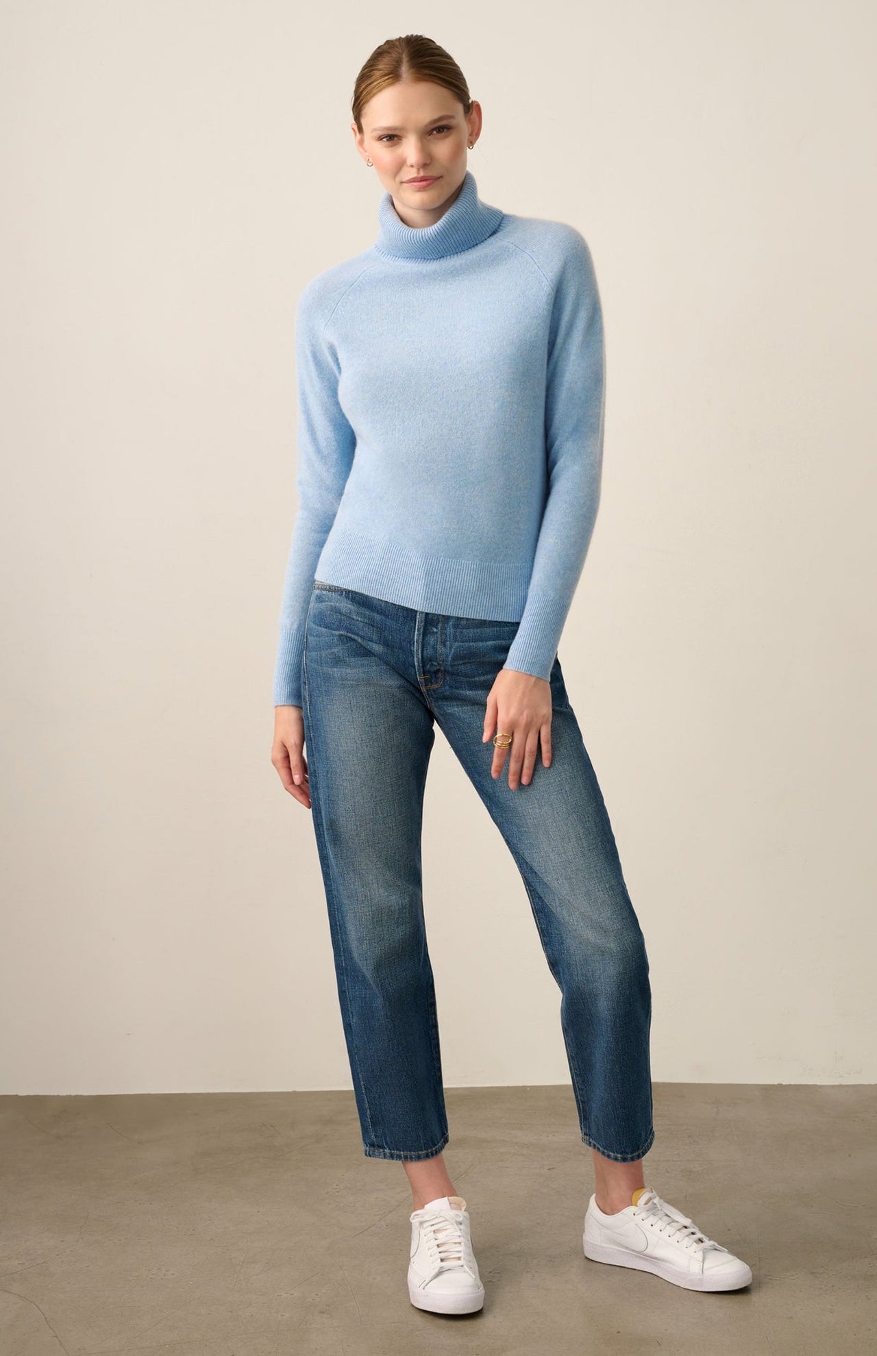 White And Warren Cashmere Essential Turtleneck Sweater Light Chambray Heather Front Full Body Model Image (6977567096947)