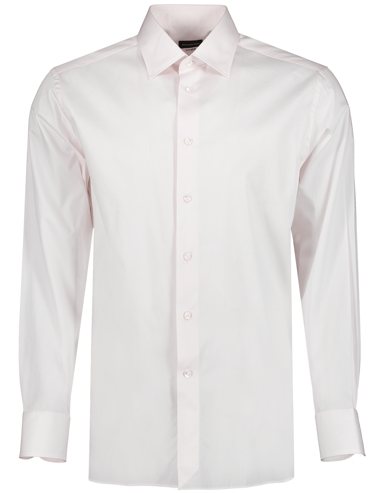 The ZEGNA Fili Pink Dress Shirt features long sleeves, a classic collar, and a button-down front. Made from soft cotton in pale pink, it is showcased against a white background.