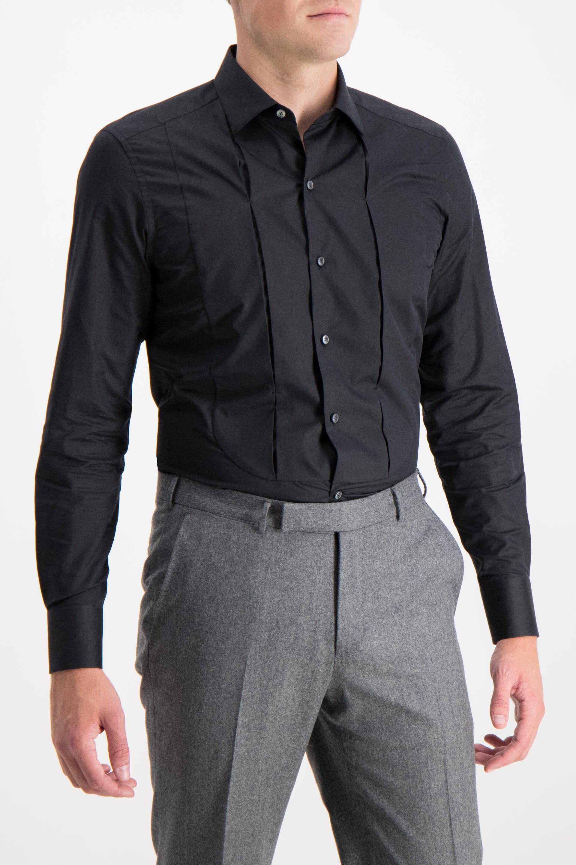 Long Sleeve Dress Shirt Pleat Black (1536575176819)