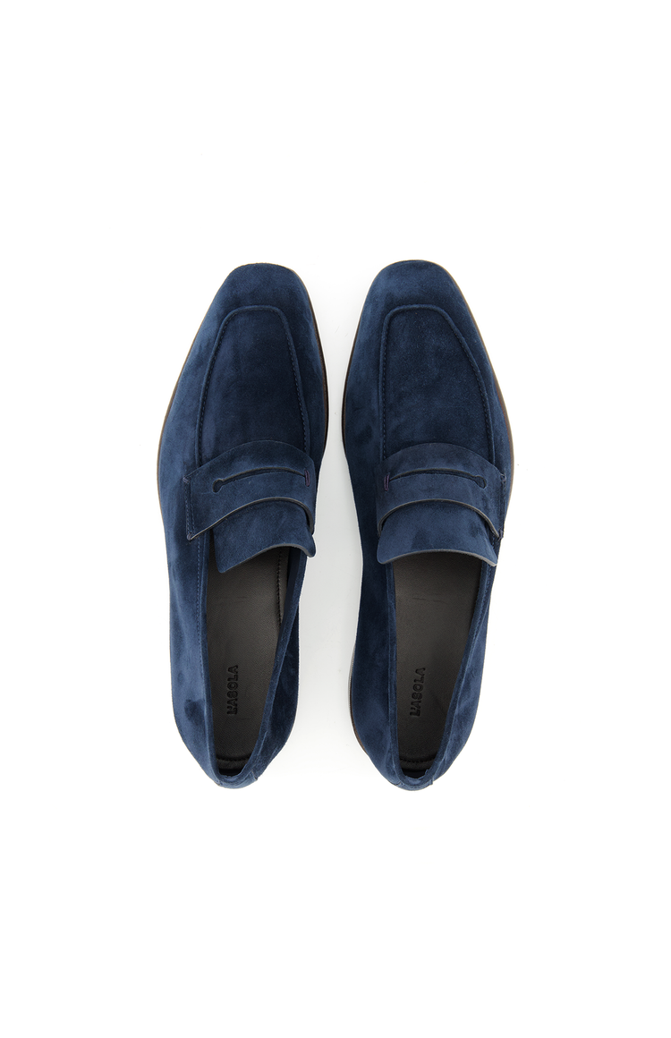 Zegna Suede L'Asola Moccasin in Blue - Top Down Image (6884450140275)