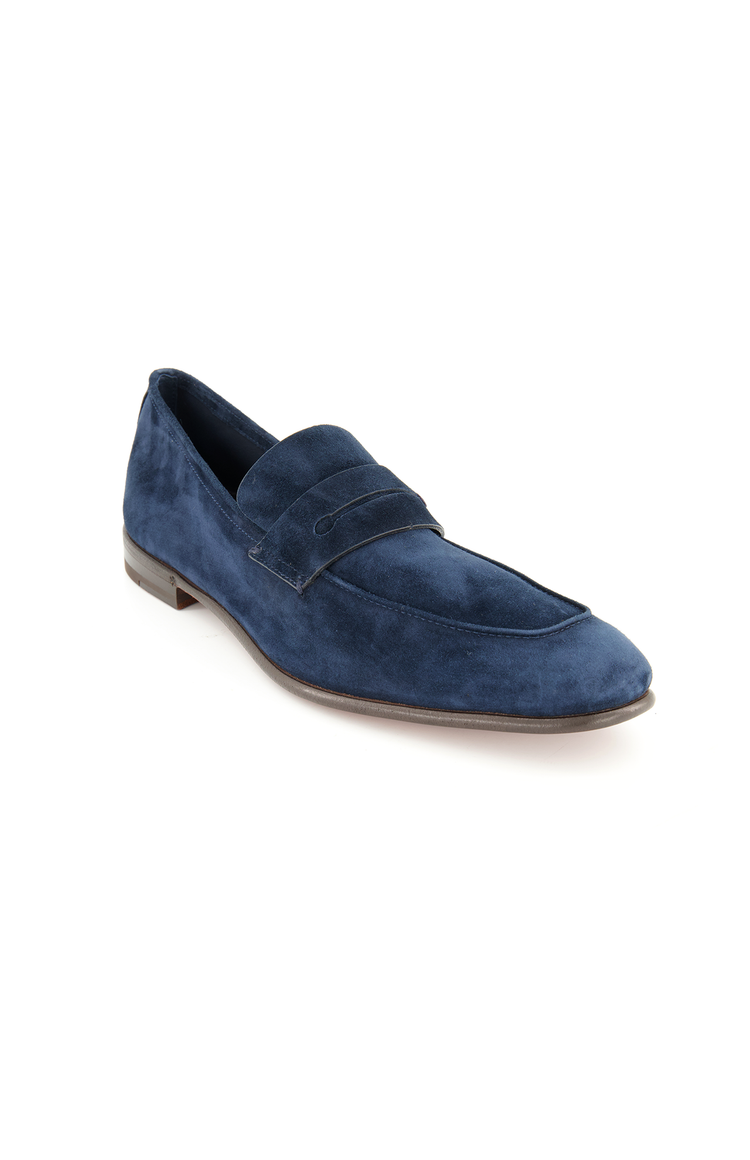 Zegna Suede L'Asola Moccasin in Blue - Angle Image (6884450140275)